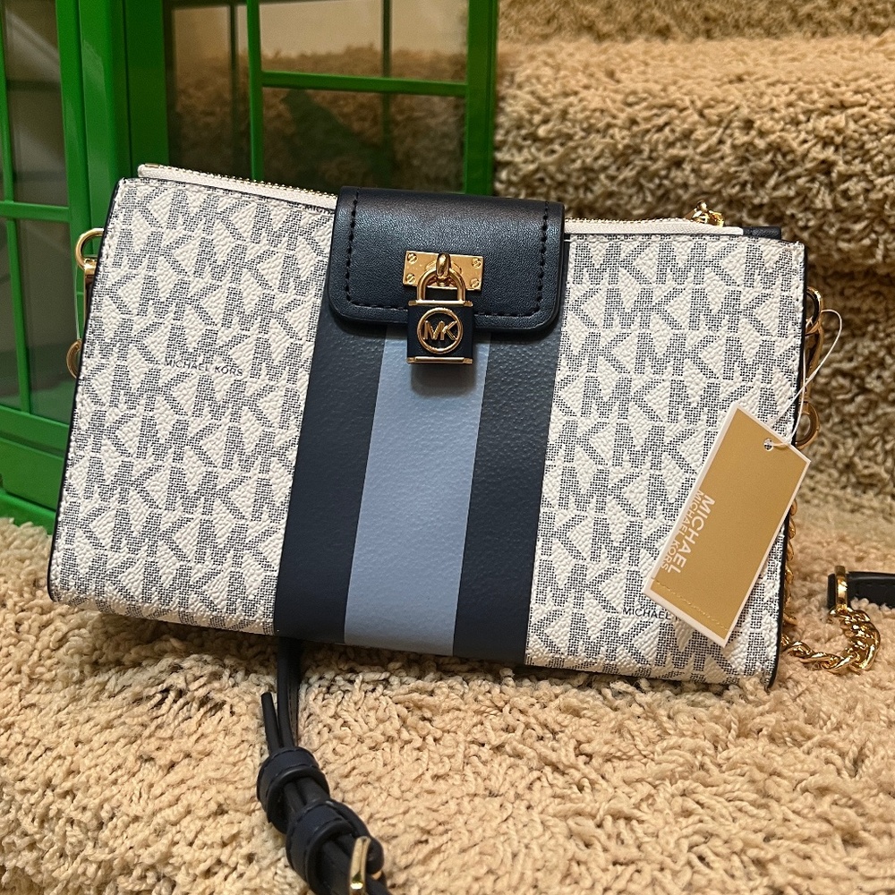 Michael Kors Ruby Small Double Zip Crossbody | White w/ Navy Accent